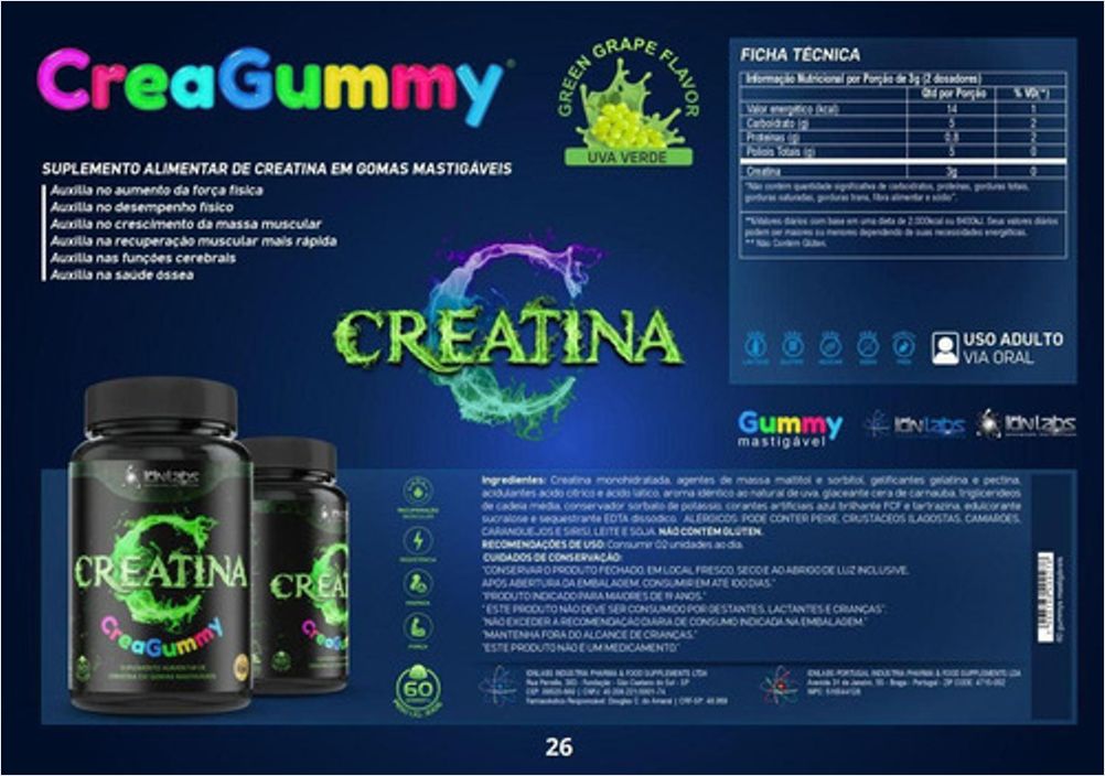 Creatina MonoHidratada em Gummy Suplemento CreaGummy - 60 Gomas - Uva Verde - Idnlabs
