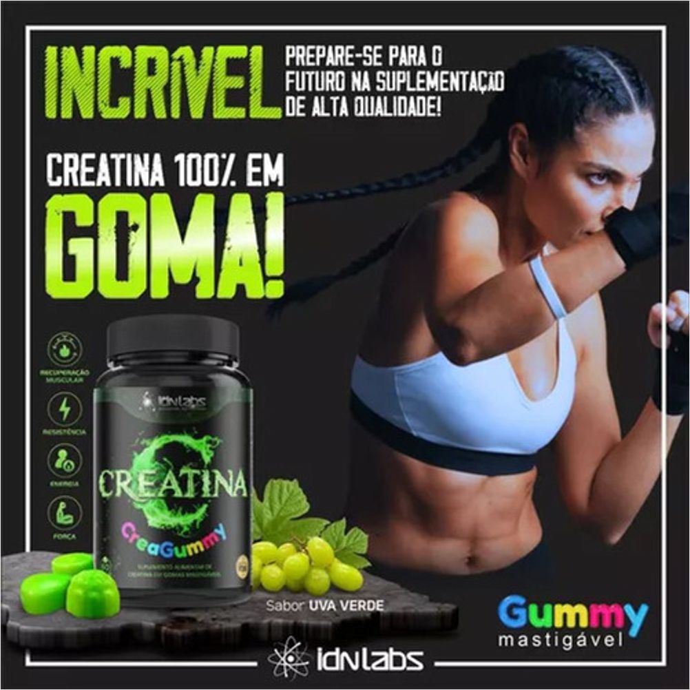 Creatina MonoHidratada em Gummy Suplemento CreaGummy - 60 Gomas - Uva Verde - Idnlabs