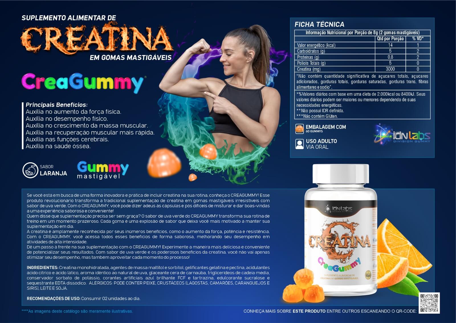 Creatina MonoHidratada em Gummy Suplemento CreaGummy - 60 Gomas - Laranja - IDNLABS
