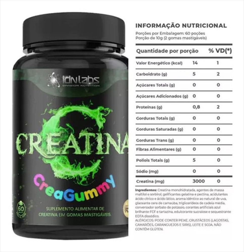 Creatina MonoHidratada em Gummy Suplemento CreaGummy - 60 Gomas - Uva Verde - Idnlabs