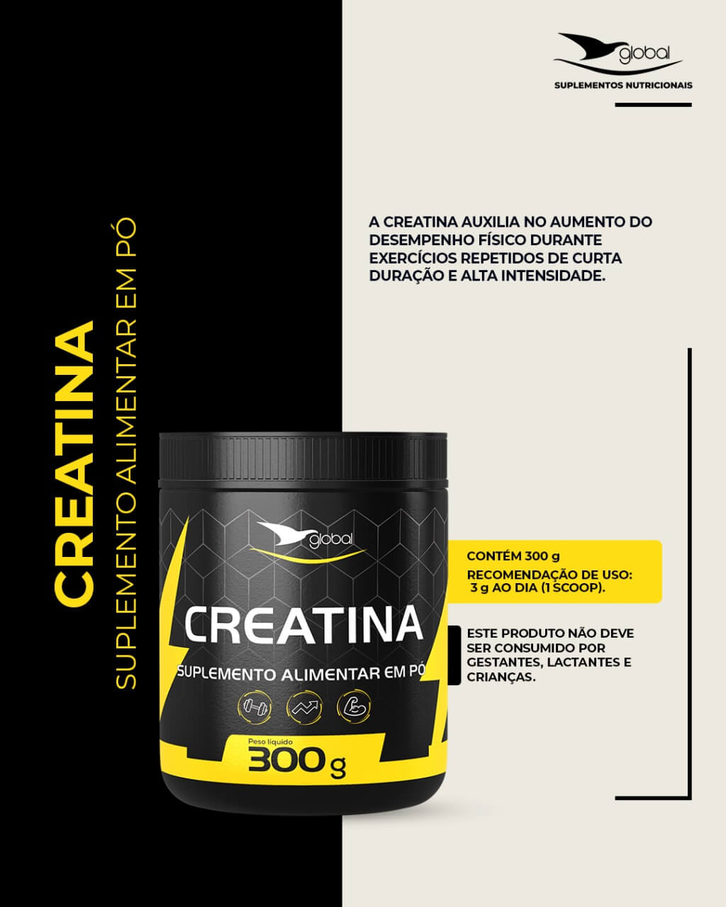Suplemento Creatina Monohidratada em Pó - 300g - GLOBAL